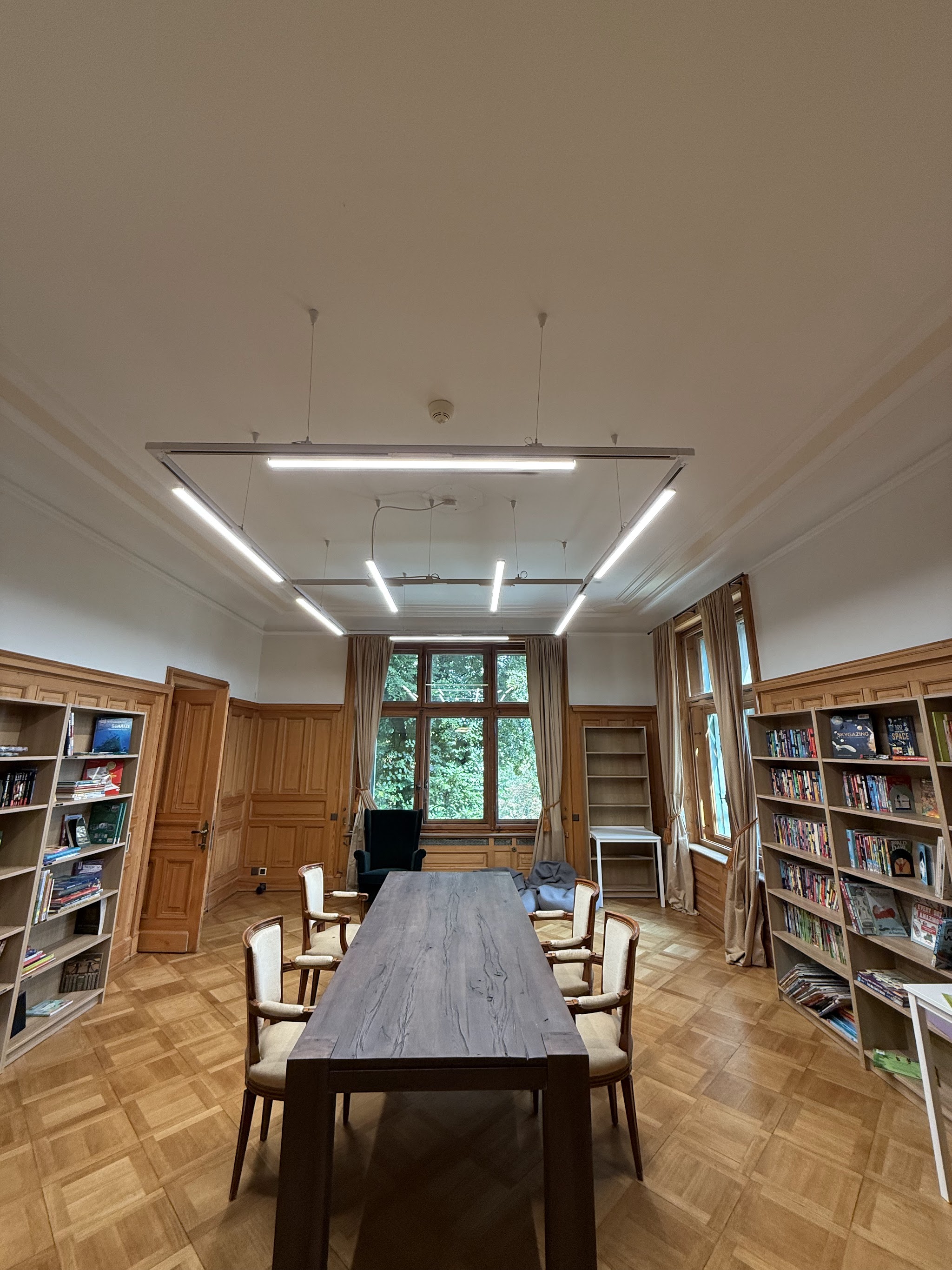 Bibliothek im Altbau mit neuer Linienbeleuchtung